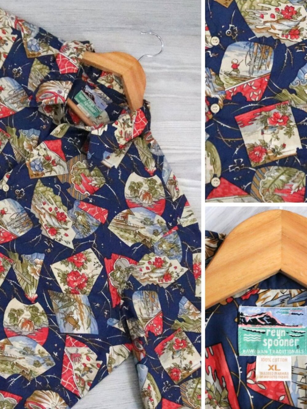 Reyn Spooner Japanese Fishing Camp Hawaiian Shirt Men's XL Navy Autumn Classic